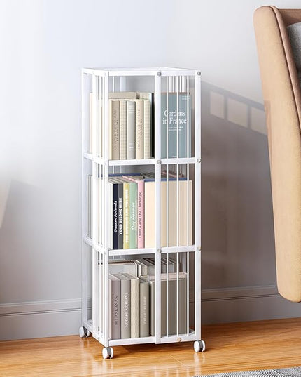 Rotating Bookcase White 3 Tiers Metal Large Capacity Bookshelf, 360°Cubic for Small Space with Storage and Creative Multi-Layer Shelves,Magazine Books for Bedroom Living Room Study Office - LeafyLoom
