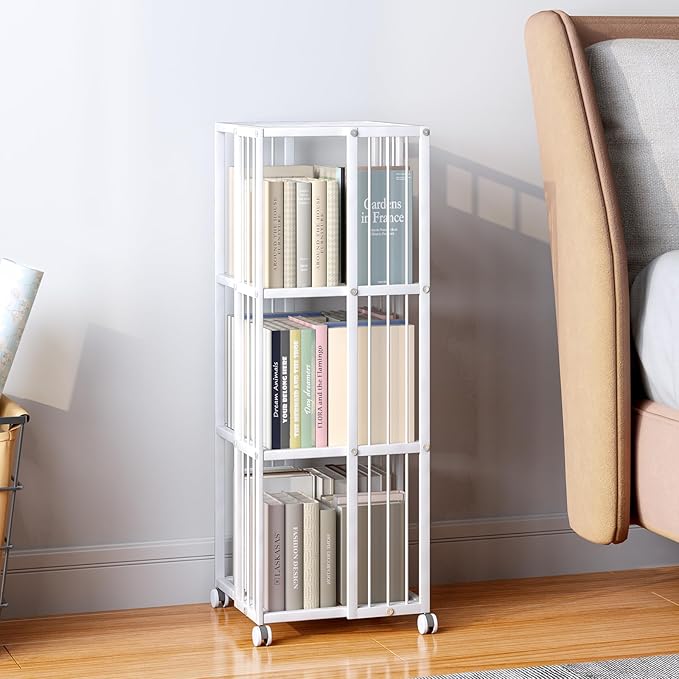 Rotating Bookcase White 3 Tiers Metal Large Capacity Bookshelf, 360°Cubic for Small Space with Storage and Creative Multi-Layer Shelves,Magazine Books for Bedroom Living Room Study Office - LeafyLoom