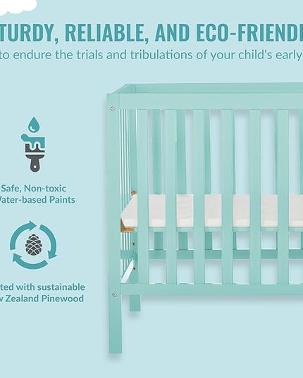 Edgewood 4-In-1 Convertible Mini Crib In Mint, JPMA Certified, Non-Toxic Finish, New Zealand Pinewood, With 3 Mattress Height Settings, Included 1" Mattress Pad - LeafyLoom