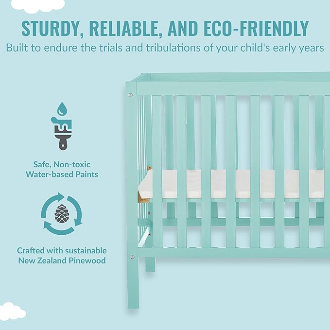 Edgewood 4-In-1 Convertible Mini Crib In Mint, JPMA Certified, Non-Toxic Finish, New Zealand Pinewood, With 3 Mattress Height Settings, Included 1" Mattress Pad - LeafyLoom