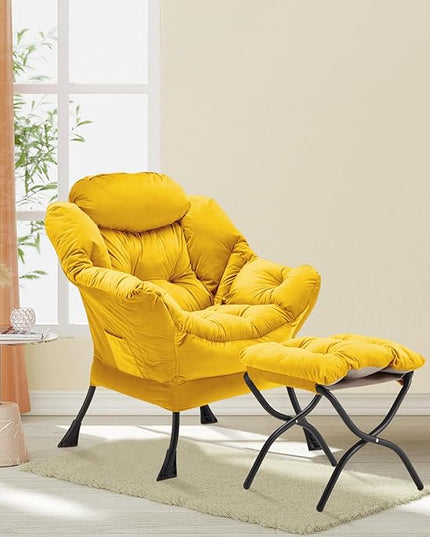 Lazy Chair with Folding Ottoman, Accent Chair Velvet Upholstered with Metal Structure and Non-Slip Pads, Sofa Armchair with Footrest and Side Storage Bag for Dorm, Room, Office, Yellow - LeafyLoom