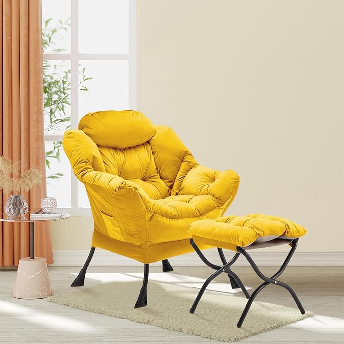 Lazy Chair with Folding Ottoman, Accent Chair Velvet Upholstered with Metal Structure and Non-Slip Pads, Sofa Armchair with Footrest and Side Storage Bag for Dorm, Room, Office, Yellow - LeafyLoom