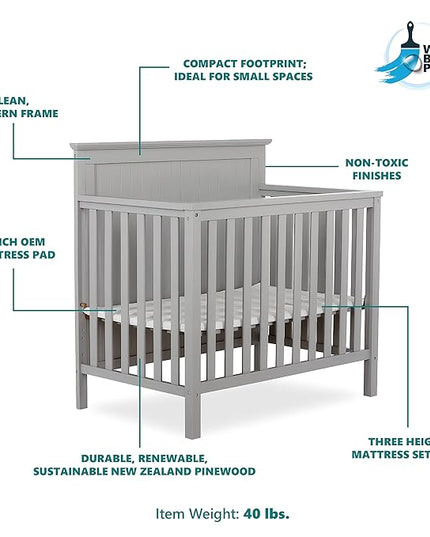 Ava 4-in-1 Convertible Mini Crib in Pebble Grey, 635-PG, Greenguard Gold Certified, Non-Toxic Finish, Comes with 1" Mattress Pad, with 3 Mattress Height Settings - LeafyLoom