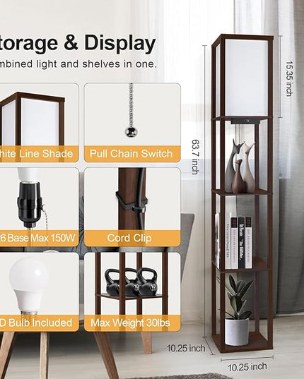 OUTON Floor Lamp with Shelves, LED Shelf Floor Lamp with USB & Type C Ports, 1 AC Outlet, 3 Color Temperature, Storage Display Wood Column Tall Standing Lamp for Living Room, Bedroom Office, Walnut - LeafyLoom