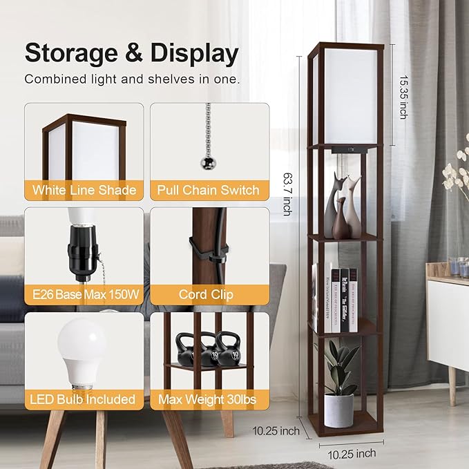 OUTON Floor Lamp with Shelves, LED Shelf Floor Lamp with USB & Type C Ports, 1 AC Outlet, 3 Color Temperature, Storage Display Wood Column Tall Standing Lamp for Living Room, Bedroom Office, Walnut - LeafyLoom