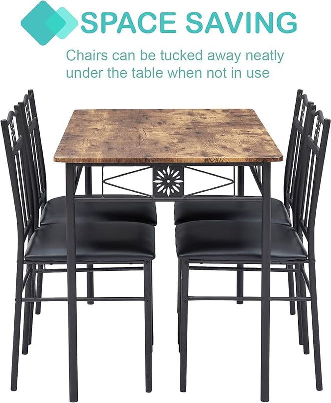 VECELO Kitchen Dining Room Table Sets for 4, 5 Piece Metal and Wood Rectangular Breakfast Nook, Dinette with Chairs, Retro-brown, 42.1" - LeafyLoom