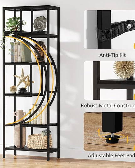 Bookshelf, 70.9” Wood Bookcases Open Shelves with Metal Frame, 7 Tier Tall Book Shelf, Freestanding Display Rack Storage Shelving Unit for Bedroom, Living Room, Easy Assembly (Black) - LeafyLoom