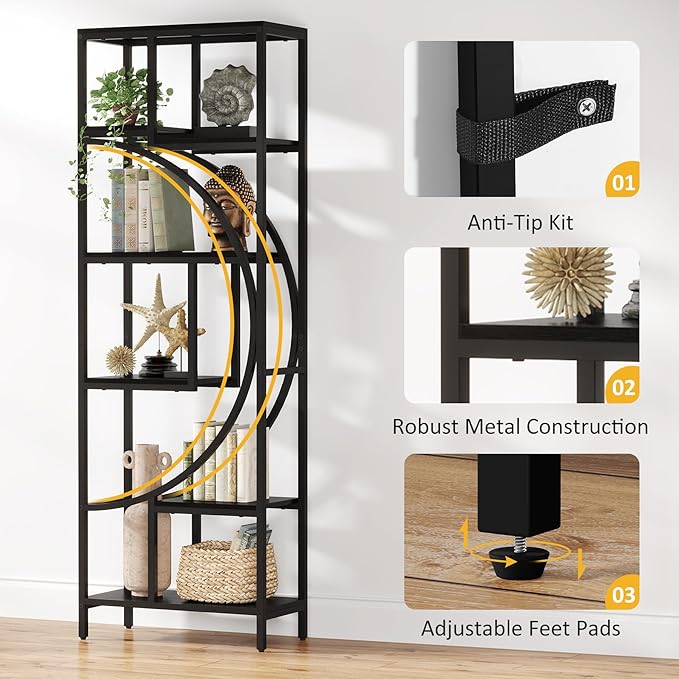 Bookshelf, 70.9” Wood Bookcases Open Shelves with Metal Frame, 7 Tier Tall Book Shelf, Freestanding Display Rack Storage Shelving Unit for Bedroom, Living Room, Easy Assembly (Black) - LeafyLoom