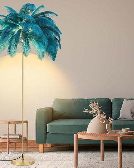 Feather Lamp, Natural Ostrich Feather Floor Lamp for Living Room, 63in Height, 3 Color Temperatures Bright LED Bulbs, Modern Funky Tall Lamp Standing Light for Bedroom (Blue) - LeafyLoom