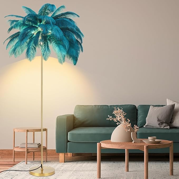 Feather Lamp, Natural Ostrich Feather Floor Lamp for Living Room, 63in Height, 3 Color Temperatures Bright LED Bulbs, Modern Funky Tall Lamp Standing Light for Bedroom (Blue) - LeafyLoom