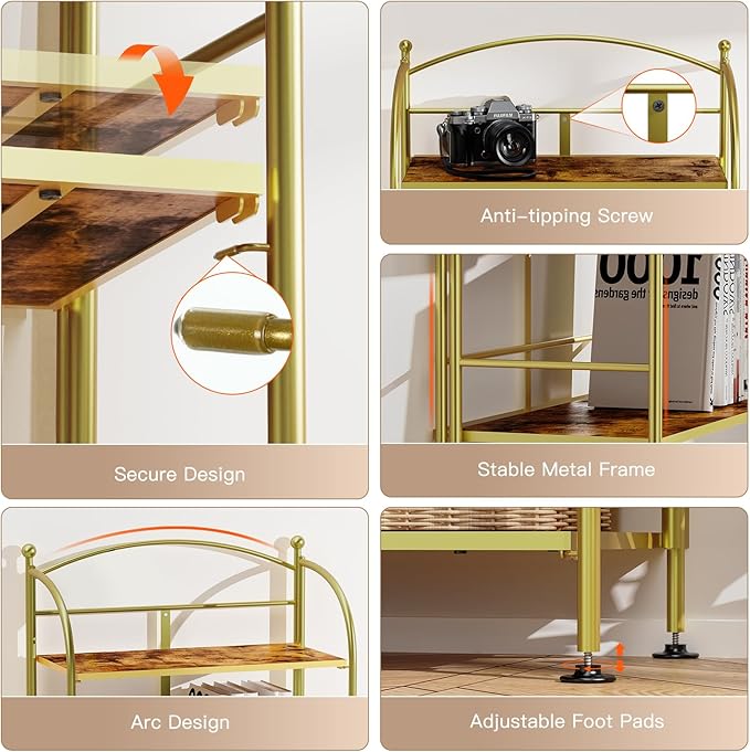 FRAPOW Folding Bookshelf No Assembly, 3 Tier Shelf Gold Collapsible Bookcase, Arched Metal Display Portable Book Shelf with Storage Shelves for Bedroom, Living Room, Home Office - LeafyLoom