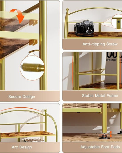 FRAPOW Folding Bookshelf No Assembly, 5 Tier Shelf Gold Collapsible Bookcase, Arched Metal Display Tall Book Shelf with Storage Shelves for Bedroom, Living Room, Home Office, Dorm - LeafyLoom