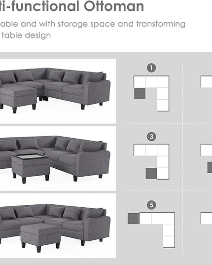 Modern Sectional Sofa with pillows, coffee table,6-Seat Couch Set w/Storage Ottoman,Various Combinations,L-Shape Indoor Furniture with Unique Armrests for Living Room,Apartment, Ushaped Gray - LeafyLoom
