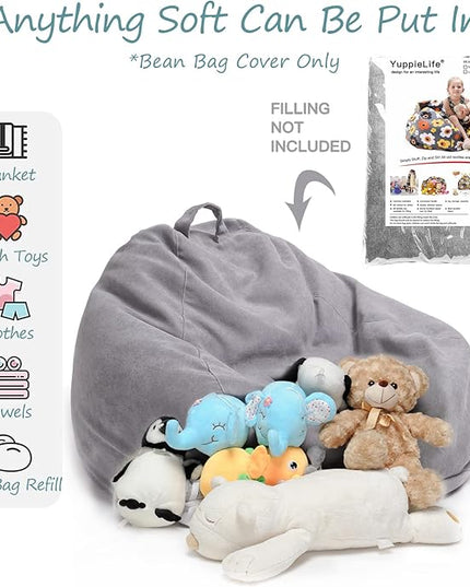 YuppieLife Stuffed Animals Bean Bag Chair Cover Candy-Colored Bean Bag（Just Cover, No Filling）/Large Stuff 'n Sit Organization/Toy Storage Bag/Kids Toys Organizer（27'',Grey） - LeafyLoom