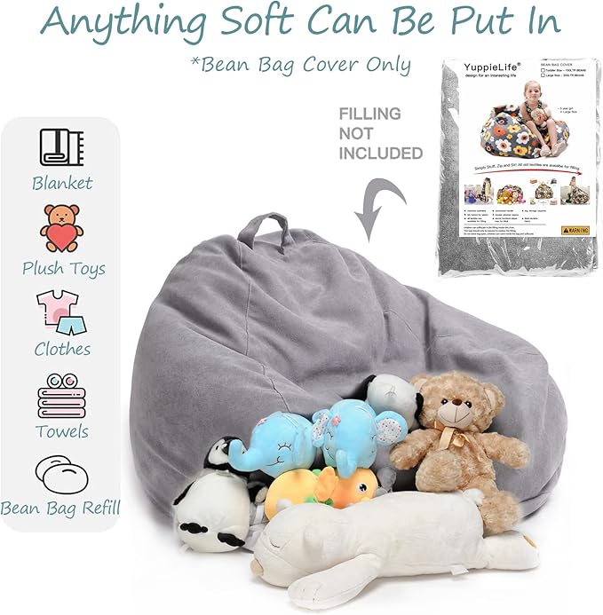 YuppieLife Stuffed Animals Bean Bag Chair Cover Candy-Colored Bean Bag（Just Cover, No Filling）/Large Stuff 'n Sit Organization/Toy Storage Bag/Kids Toys Organizer（27'',Grey） - LeafyLoom