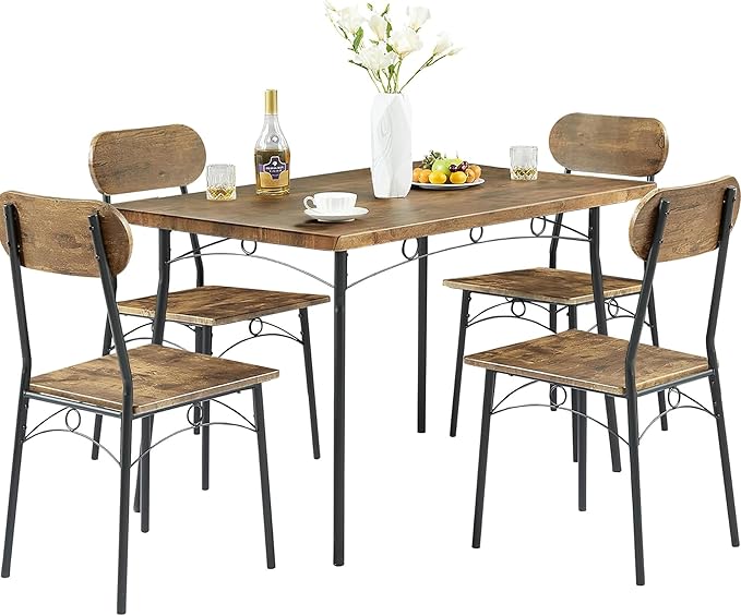 VECELO Dining Table Set for 4, 5 Piece Dinette with Chairs for Kitchen, Breakfast Nook and Small Space, Brown, 43.3" - LeafyLoom