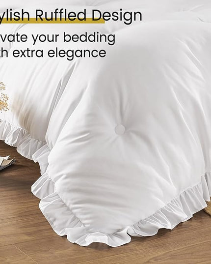 King Size Bed in a Bag 7 Pieces King Size Comforter Set, Ruffle Shabby Chic Bedding Comforter Set White Bed Set with Comforter, Pillowcases, Flat Sheet, Fitted Sheet and Pillow Shams - LeafyLoom