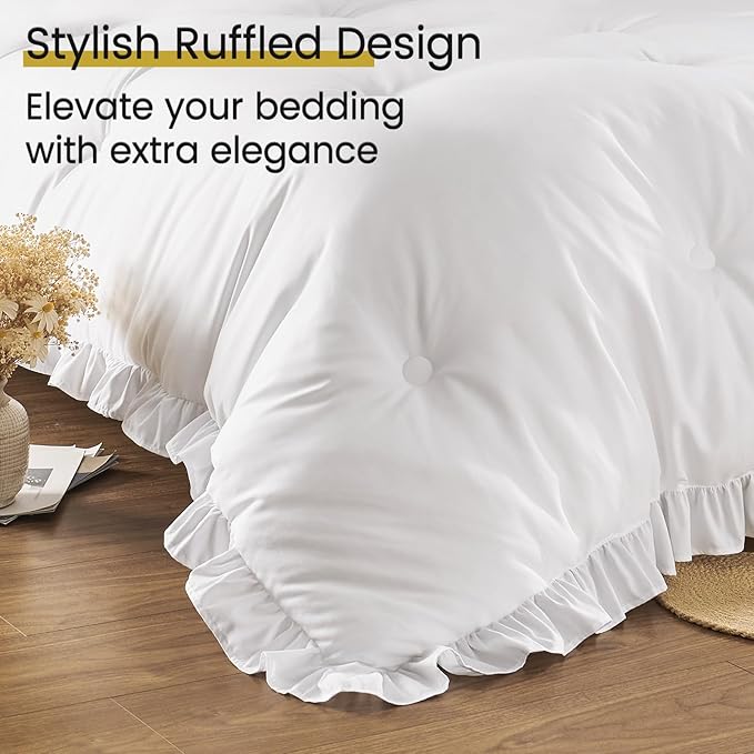 King Size Bed in a Bag 7 Pieces King Size Comforter Set, Ruffle Shabby Chic Bedding Comforter Set White Bed Set with Comforter, Pillowcases, Flat Sheet, Fitted Sheet and Pillow Shams - LeafyLoom