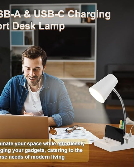 Study Desk Lamp with USB Charging and Type-C Night Light, Gooseneck LED Table Lamp Stepless Dimming Study Table Lamp with Pen Holder for College Dorm Bedroom and Office (White) - LeafyLoom