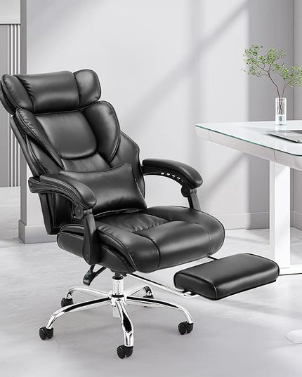 Executive Office Chair with Footrest, Ergonomic High Back Desk Chair, Computer Chair with Adjustable Headrest, Height, Tilt Lock, Extra Lumbar Support Pillow for Comfort, Large Home Office Chair-Black - LeafyLoom