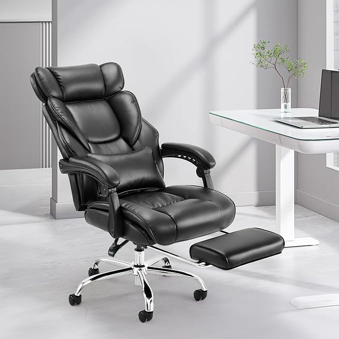 Executive Office Chair with Footrest, Ergonomic High Back Desk Chair, Computer Chair with Adjustable Headrest, Height, Tilt Lock, Extra Lumbar Support Pillow for Comfort, Large Home Office Chair-Black - LeafyLoom
