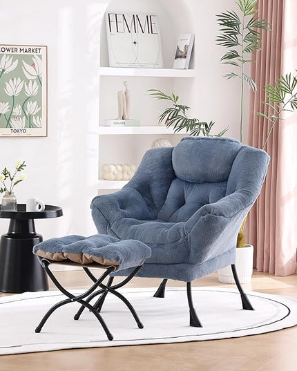 Welnow Lazy Chair with Ottoman, Modern Lounge Accent Chair with Armrests and a Side Pocket, Leisure Upholstered Sofa Chair Set, Reading Chair with Footrest for Small Space, Plush Light Blue - LeafyLoom