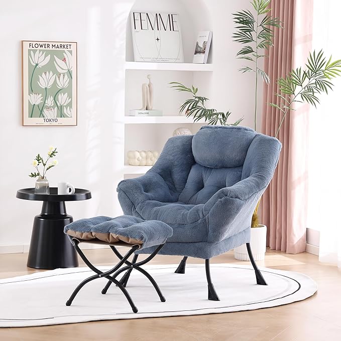 Welnow Lazy Chair with Ottoman, Modern Lounge Accent Chair with Armrests and a Side Pocket, Leisure Upholstered Sofa Chair Set, Reading Chair with Footrest for Small Space, Plush Light Blue - LeafyLoom
