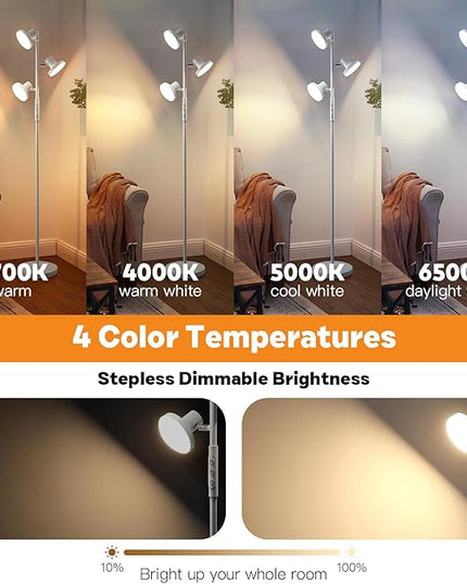 36W Silver Gray Floor Lamp, Super Bright LED Standing Lamp with Remote Control, 4 Color Temperatures, 3 Rotatable LED Lights, Dimmable Tree Floor Lamps for Living Room, Bedroom, Office - LeafyLoom