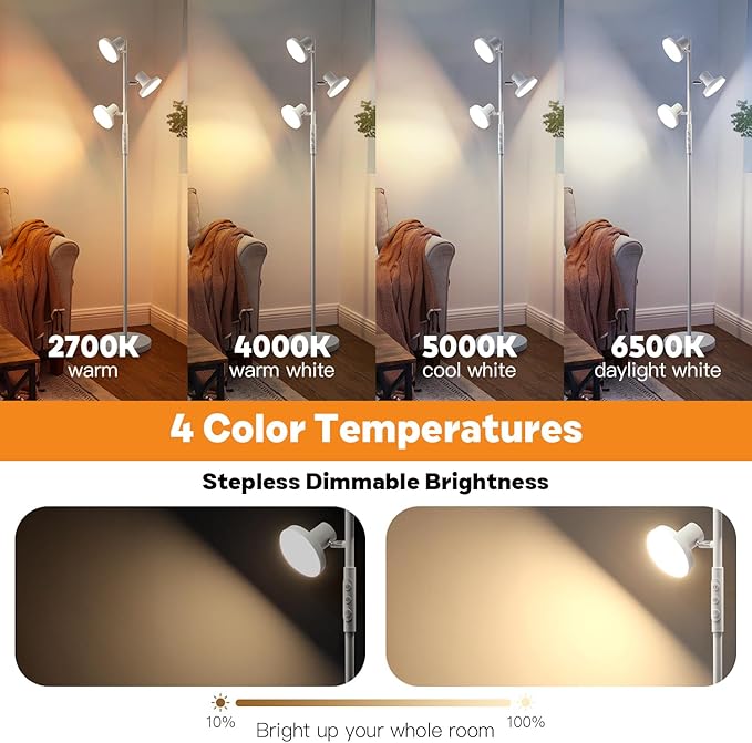 36W Silver Gray Floor Lamp, Super Bright LED Standing Lamp with Remote Control, 4 Color Temperatures, 3 Rotatable LED Lights, Dimmable Tree Floor Lamps for Living Room, Bedroom, Office - LeafyLoom