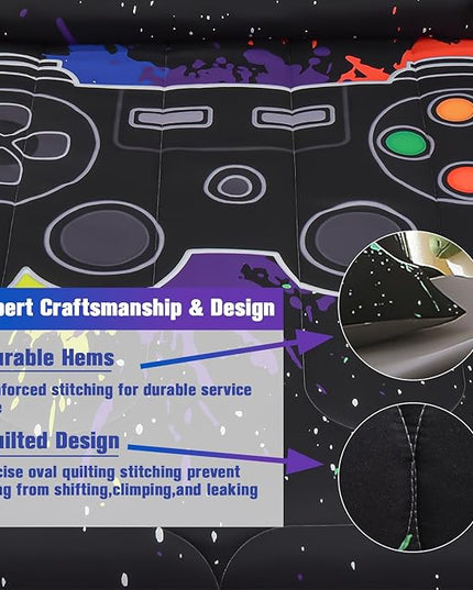 6Pcs Gamer Comforter Set with Sheets for Boys Girls Kids Teens, Colorful Graffiti Gaming Themed Bed in A Bag Full Size, Black 3D Video Game Controller Bedroom Decor Bedding Set - LeafyLoom