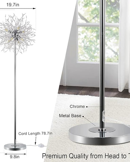 Airposta Crystal Floor Lamp for Bedroom, Floor Lamp for Living Room, Elegant Standing Lamp, 69" Tall Pole Lamp, Modern Floor Lamp for Room Decor, 32 Firework Crystal Harnesses Included, Chrome Finish - LeafyLoom