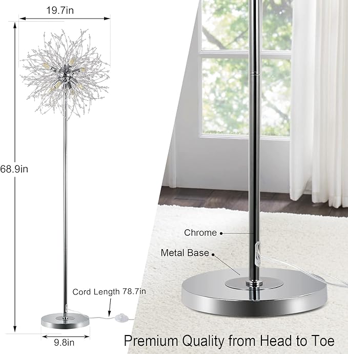 Airposta Crystal Floor Lamp for Bedroom, Floor Lamp for Living Room, Elegant Standing Lamp, 69" Tall Pole Lamp, Modern Floor Lamp for Room Decor, 32 Firework Crystal Harnesses Included, Chrome Finish - LeafyLoom
