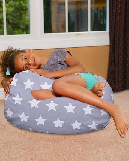 Posh Creations Bean Bag Chair for Kids, Teens, and Adults Includes Removable and Machine Washable Cover, Canvas White Stars on Gray, 27in - Medium - LeafyLoom