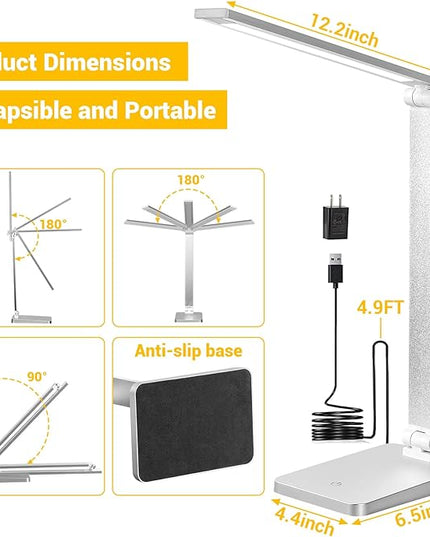 LED Desk Lamp for Home Office, 3 Levels Dimmable Desk Light with USB Charging Port, Small Study Lamp, Reading Light for Table, Sliver, 5000K - LeafyLoom