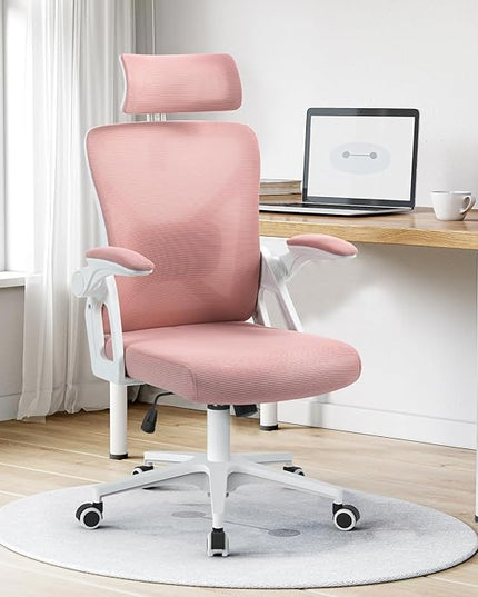 SEATZONE Office Chair, Ergonomic Desk Chair with Adjustable Headrest,Lumbar Support, High Back Mesh Computer Chair with Wheels and Flip-up Armrests,Executive Chairs(Peach Pink) - LeafyLoom