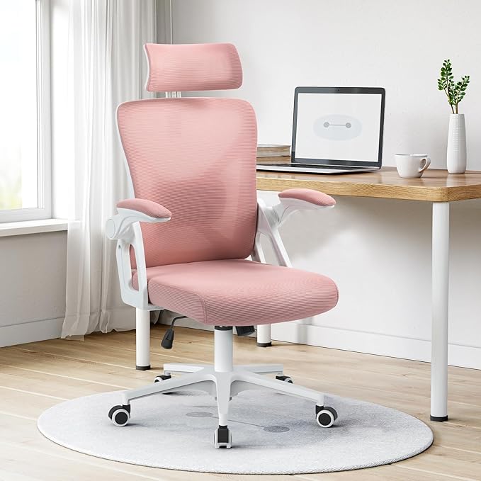 SEATZONE Office Chair, Ergonomic Desk Chair with Adjustable Headrest,Lumbar Support, High Back Mesh Computer Chair with Wheels and Flip-up Armrests,Executive Chairs(Peach Pink) - LeafyLoom