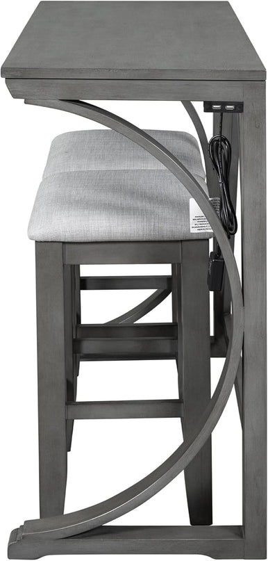 Voohek 3 Piece Counter Height Dining Set, Sofa Table with 2 Stools and USB Port for Bar, Console, Kitchen, Living Room, Apartment, Office, Small Places, Gray - LeafyLoom