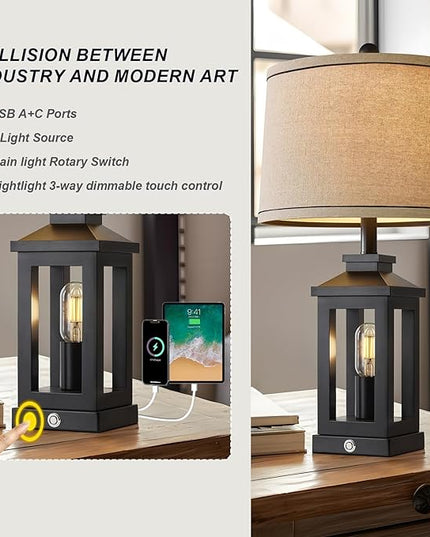 23.75" Retro Farmhouse Black Table Lamp for Living Room Bedroom Nightstand Set of 2 Touch Control Bedside Nightlight Vintage Modern Lamp with USB C+A Ports and 2 Light Sources - LeafyLoom