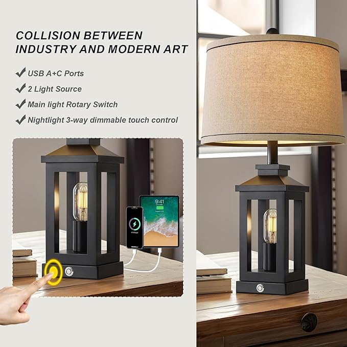 23.75" Retro Farmhouse Black Table Lamp for Living Room Bedroom Nightstand Set of 2 Touch Control Bedside Nightlight Vintage Modern Lamp with USB C+A Ports and 2 Light Sources - LeafyLoom