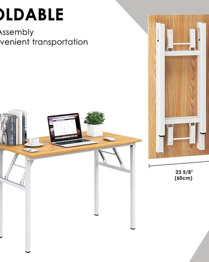 Need Folding Desk for Home Office 39-3/8 inch Length Modern Folding Table Computer Desk No Install Needed Teak Color Desktop White Frame AC5BW(100 * 60) - LeafyLoom