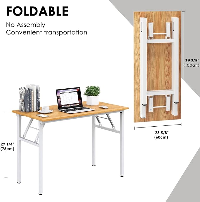 Need Folding Desk for Home Office 39-3/8 inch Length Modern Folding Table Computer Desk No Install Needed Teak Color Desktop White Frame AC5BW(100 * 60) - LeafyLoom