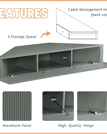 24/7 Shop at Home French 47 inch Modern Floating TV Console Table with 3D Wavy Panel Door, Wood Entertainment Center with Storage Space, Wall Corner Shelf for Living Room, Bedroom, Office, Sage Green - LeafyLoom