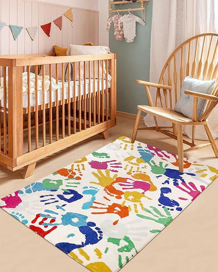 Handprints and Footprints Kids Rug for Playroom, 3'x5' Washable Colorful Nursery Rug for Boys and Girls Room, Ultra Soft Non-Slip Carpet Indoor Mat for Classroom Bedroom - LeafyLoom