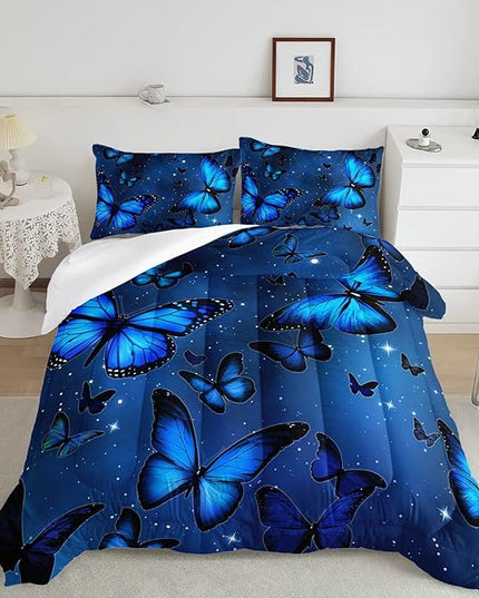 Datura home Blue Butterfly Comforter Set for Girls Women,Bright Blue Butterflies in Blue Sky with Stars Printed Bedding Set with 2 Pillowcases(Butterfly Blue Twin) - LeafyLoom