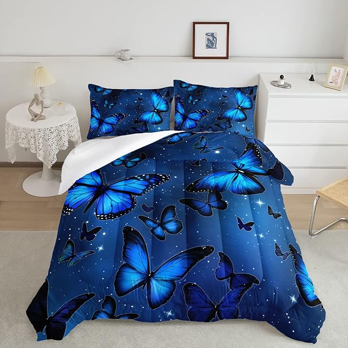 Datura home Blue Butterfly Comforter Set for Girls Women,Bright Blue Butterflies in Blue Sky with Stars Printed Bedding Set with 2 Pillowcases(Butterfly Blue Twin) - LeafyLoom