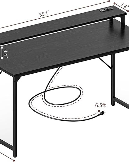 SUPERJARE 55 inch Computer Desk with LED Lights & Power Outlets, Gaming Desk with Monitor Shelf, Small Office Desk for Home & Office, Black - LeafyLoom