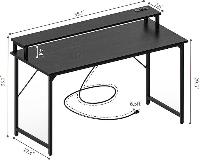 SUPERJARE 55 inch Computer Desk with LED Lights & Power Outlets, Gaming Desk with Monitor Shelf, Small Office Desk for Home & Office, Black - LeafyLoom