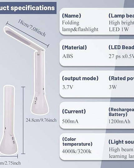 2-in-1 LED Desk Lamp Base with Flashlight for Home Office, Rechargeable, 3 Lighting Modes, Foldable & Portable Light, Cordless Table Bedside lamps, White - LeafyLoom