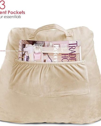 Clara Clark Reading Pillow, Standard Back Pillow for Sitting Up in Bed, Memory Foam Back Support Pillow, Reading Pillows for Sitting in Bed, Beige Cream Sit Up Pillow for Bed, Arm Pillow with Pockets - LeafyLoom