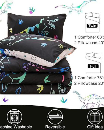 Meeting Story Dinosaur Comforter Set, Fluorescence Dinosaur Colorful Pattern Style Twin Comforter Set, 3 PCS 1 Comforter and 2 Pillowcases in One Bag, All Season Bedspread for Kids Teens Adults（Twin） - LeafyLoom
